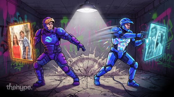 Qwen vs Gemini: purple and blue armored fighters in a graffiti basement each hold half of the distracted boyfriend meme