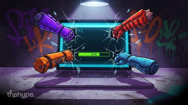 Four robot fists punch through a cracked laptop showing DONE, the ai-built skin pipeline finishing its render.