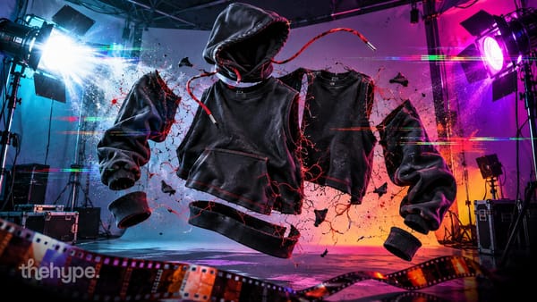 Seedance prompts: a black hoodie bursting apart mid-air between studio strobes, with glitch lines and a film strip