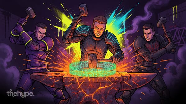 Three armored warriors hammering a glowing rune-covered block on an anvil with sparks and smoke
