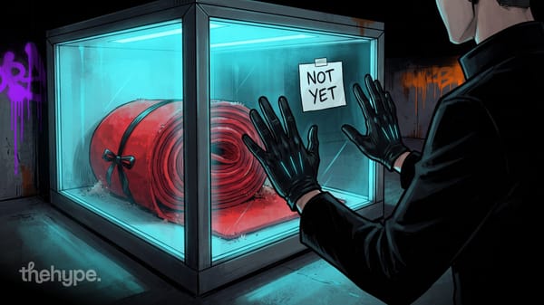 Gloved figure presses hands to a lit glass case with a rolled red carpet and a "NOT YET" note – the TIME100 AI snubs