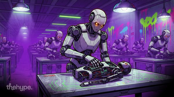 Humanoid robot assembling another robot on a workbench in a purple-lit factory, rows of robots doing the same behind.