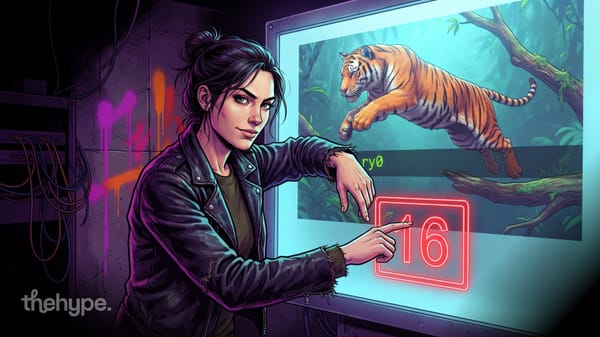 Illustrated woman in leather jacket pointing at neon "16" on a screen showing a leaping tiger in a jungle scene