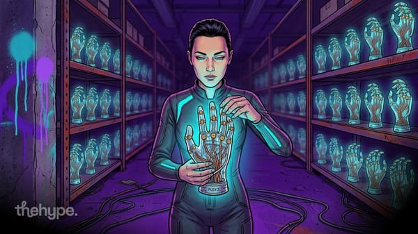 Woman in a dark bodysuit holding a glowing Flex 2 robotic hand in a warehouse aisle stacked with rows of robot hands