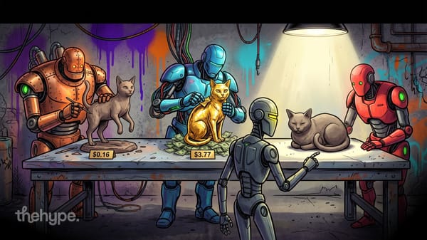 Illustrated robots sculpting cats on a workbench: a $0.16 clay cat, a gold $3.77 cat on cash and a sleeping cat under a lamp