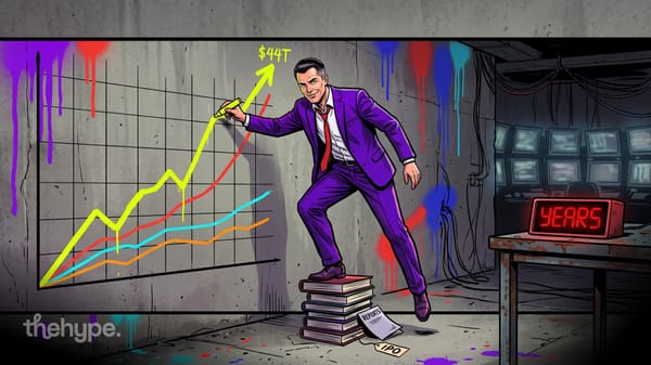 Man in a purple suit stands on books tagged IPO, drawing a chart line up to $44T beside a red clock reading YEARS