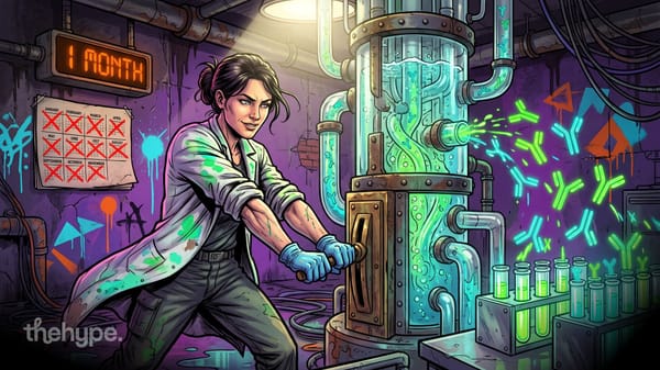 anthropic's drug work speeds preclinical cycles: a scientist cranks a reactor spitting out antibodies, a calendar marked '1