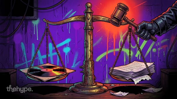 Brass scales weigh a vinyl record against a stack of papers as a gloved hand swings a gavel, for the Anthropic Elvis lawsuit