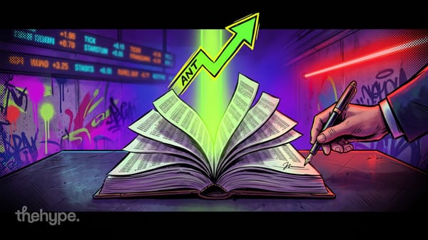 Comic-style open ledger of figures with a green ANT arrow rising out of it, a hand signing a page, stock tickers behind