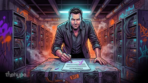 Man in a dark blazer signs a contract on a BTC mining rig in a graffiti-covered server room, a nod to the Anthropic IREN deal