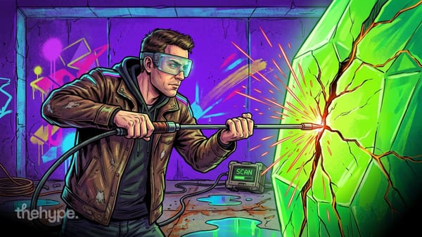 Anthropic's OSS Scanner hunting open-source vulnerabilities: an engineer cracks a green crystal as a scan runs