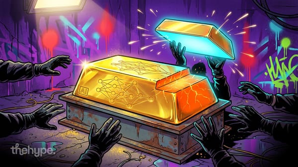 Gloved hands reach for a gold AI bar with a neural network pattern as its lid lifts, for Anthropic's public benefit fund