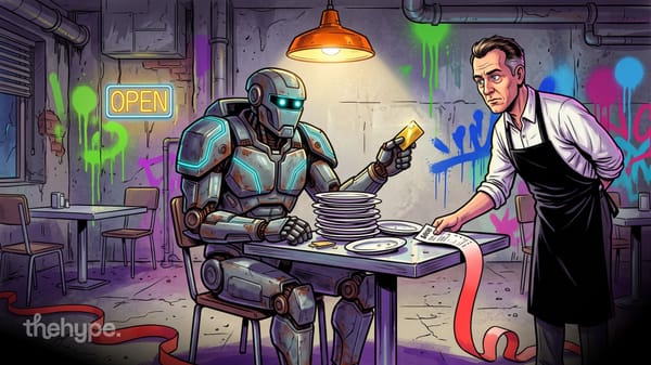 Robot with a gold card at a table of empty plates as a waiter hands it a long bill, for Anthropic's $80.7B H1 loss