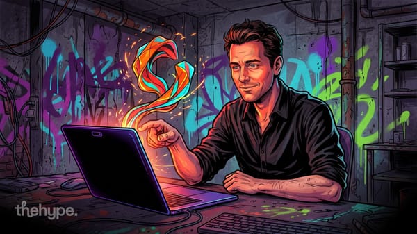 Comic-style illustration: a man touches a laptop screen as a glowing ribbon rises from it, graffiti walls behind