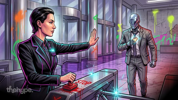banks block ai agents they can't tell from rogue ones: a guard stamps STOP at a turnstile as a robot flashes a card