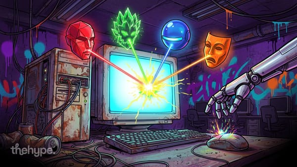 Four glowing AI heads aim lasers at an old PC monitor as a robot hand reaches for the mouse, choosing an AI assistant for PC