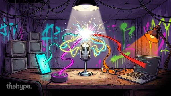 Microphone on a desk with neon sound waves linking a phone, smart speaker, glasses and laptop, for AI voice assistants