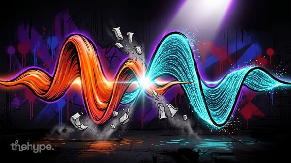 Orange and teal sound waves collide in a burst of light, breaking stone blocks against a graffiti wall, for Block's Dessa