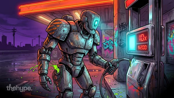 Illustration of a battered robot at a night gas station, leaking green fuel as a pump display reads 10x and $200