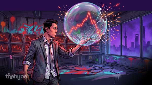 Illustrated trader holds a bursting soap bubble with a red falling chart, red trading screens and the Shanghai skyline behind