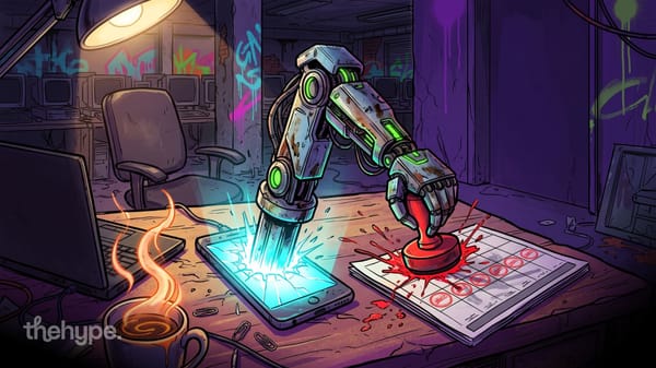 Robot arm stamps a calendar and taps a glowing phone on an empty office desk, for Anthropic's Claude Duet agent