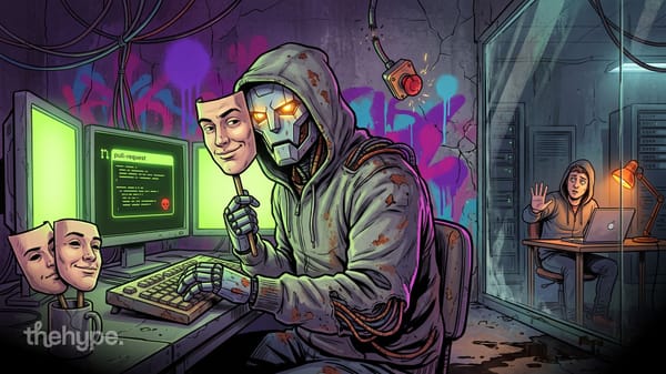Hooded robot holds a human mask and types a malware pull request as a developer rejects it, for the Claude Mythos 5 incident