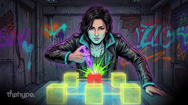 Woman in a leather jacket injects a glowing syringe into a red code cube among yellow ones, a nod to Claude Security fixes