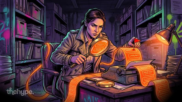 Comic detective in a trench coat studies a glowing chat scroll from a typewriter with a magnifying glass and pins a red flag