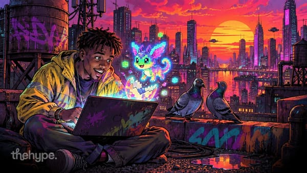 Codex pets: a young man on a rooftop hatches a pixel pet on his laptop as pigeons watch