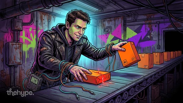 cursor's tampered claude code extension reached 5,000 users: a hooded man swaps a cracked, sparking AI box on a conveyor belt
