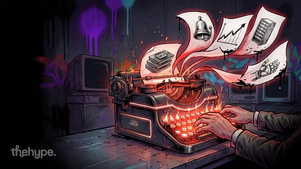 Hands type on a glowing red typewriter as pages with a GPU, bell, chart, server rack and robot hand fly out