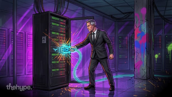Man in a suit pulls a glowing plug with a whale logo out of an AI server rack, for the US ban on DeepSeek in federal agencies