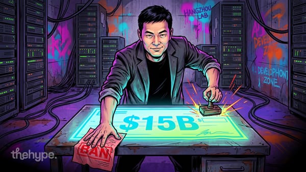 Man stamps a glowing $15B check while pushing a BAN paper aside in a server room, for DeepSeek's funding round