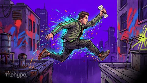 Illustrated free runner leaping between graffiti rooftops at night, holding a $0.14 receipt, with neon sparks trailing
