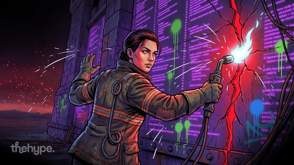 Worker in a heat-resistant jacket welds a glowing red crack in a wall of purple code, a picture of patching software flaws