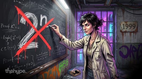 openai and anthropic claim to refute the 27-year-old exponential time hypothesis: a woman crosses out 2^n on a chalkboard