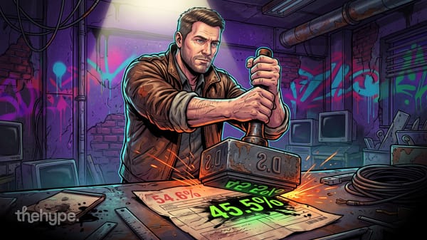 frontiercode 2.0 stamps a harsher grade: a man slams a "2.0" hammer on a score sheet, 54.6% crushed into 45.5% for opus 5.5