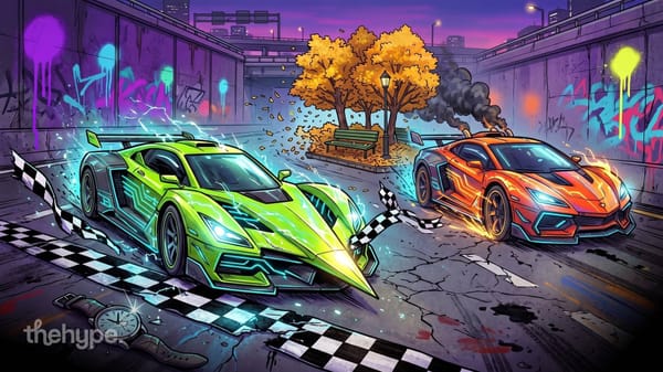 Comic-style race: a lime-green supercar crosses the checkered finish line while a smoking orange supercar trails behind