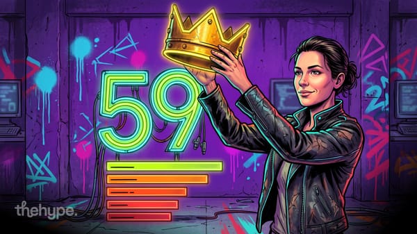 gemini 4 carbon claims #1 at 59, self-reported: a woman lifts a neon crown over a glowing 59 and ranked score bars