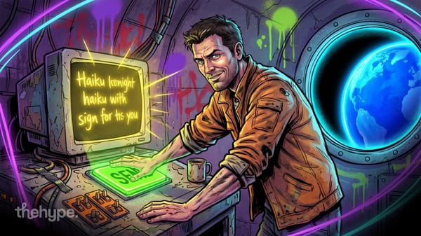 gemma 4 answers from a tpu in orbit: a smiling man hits send on a glowing retro terminal asking for a space haiku, earth