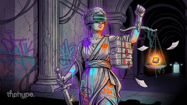 Lady Justice statue in a VR visor weighs a stack of legal files against a glowing AI chip, for Z.ai's GLM-Legal model