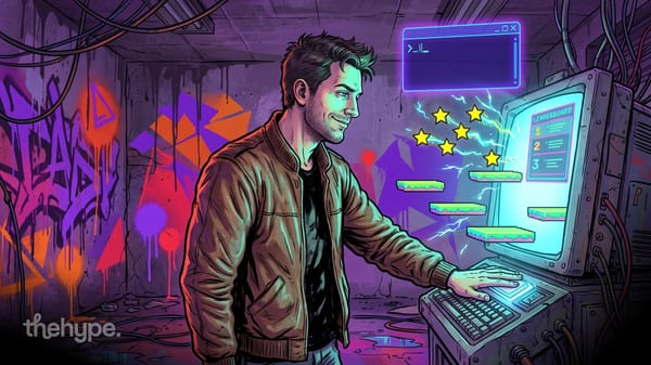 Illustration: a man in a brown jacket touches a glowing retro computer showing a leaderboard, with stars and pixel platforms
