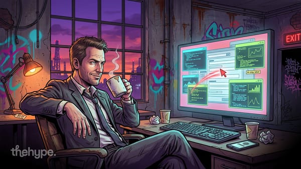 Illustrated man in a suit sipping coffee while a monitor fills in forms and charts on its own, a red cursor moving across