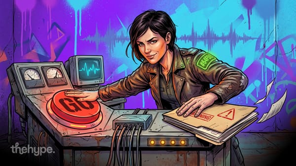 Woman presses a glowing red GO button while pinning down a folder stamped WARNING, a nod to GPT-Live-1.1's safety report