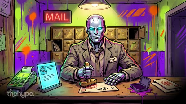 Silver robot clerk in a suit stamps a letter to bot@x.ai at a mail counter next to a card terminal, for Grok Bot email