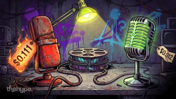 Comic-style rusty microphone with a burning $0.111 tag and a green glowing microphone tagged $0.012, a film reel between them