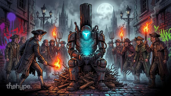 A chained robot holding a game controller sits on a pyre as a mob with torches and pitchforks gathers on a gothic street