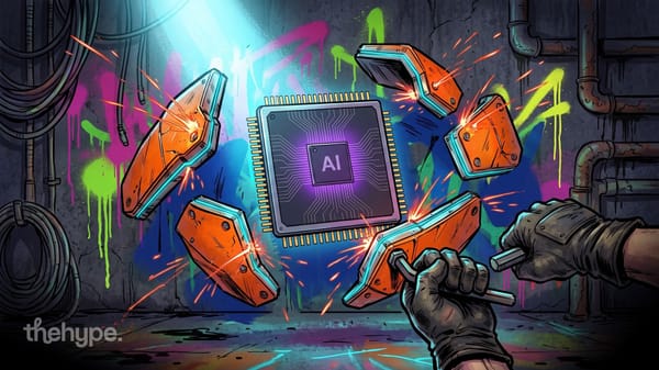Gloved hands bolt orange armor plates around a glowing AI chip amid welding sparks, for Google's Harness² agent framework
