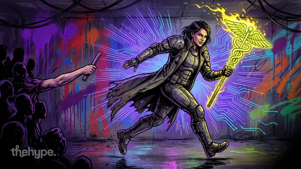Runner in an armored coat carries a flaming winged caduceus away from a hand holding a plain baton, for Hermes Agent v0.22