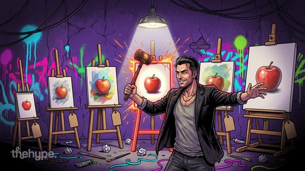 Comic-style man with a gavel in a graffiti studio, choosing between easels that show the same apple in different styles